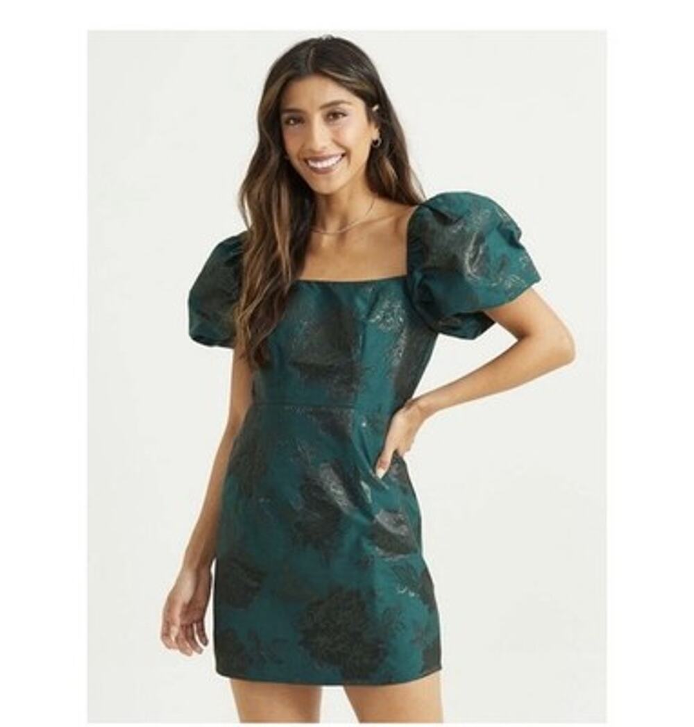 Altar'd State Skylar Emerald Green Floral Jacquard Puff Sleeve Mini Dress NWT M
